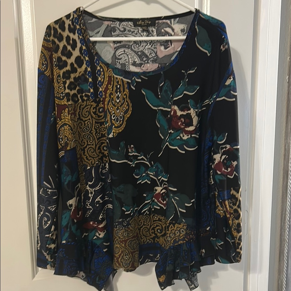 Melissa Paige Black and Blue Floral Patchwork Blouse